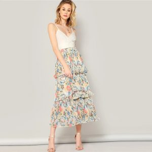 Boho Multicolor Elastic Waist Floral Layered Pleated Ruffle Skirt