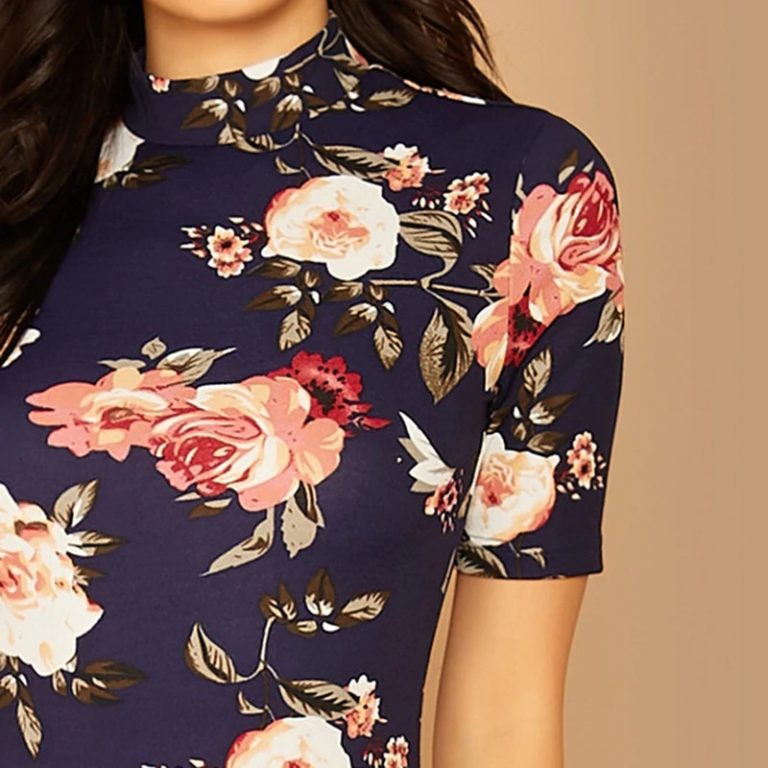 Floral Print Stand Collar Short Sleeve Elegant Bodycon Dress Power