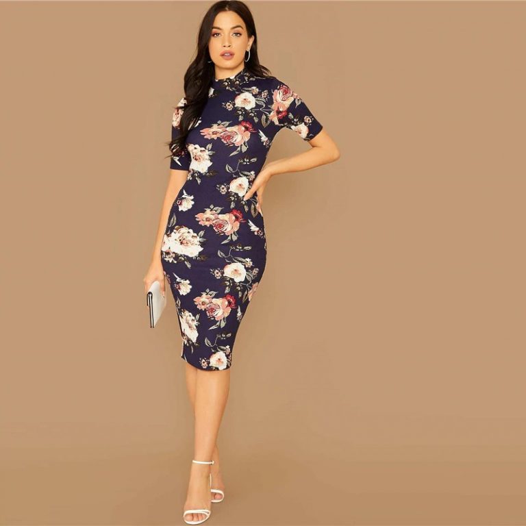 Floral Print Stand Collar Short Sleeve Elegant Bodycon Dress Power