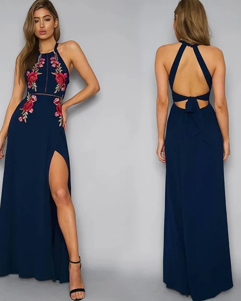 Floral Embroidered Backless Slit Hem Halter Maxi Dresses
