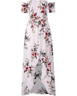 Floral Print Off-shoulder Slit Hem Short Sleeve Maxi Dresses