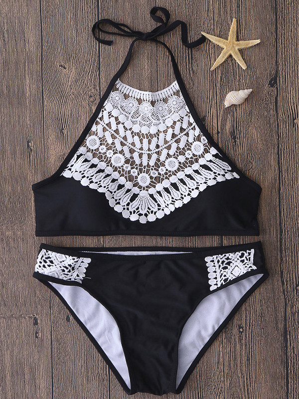 Sexy Hollow Out Crochet Lace Mesh Set Padded Crop Top Bikinis - Power ...