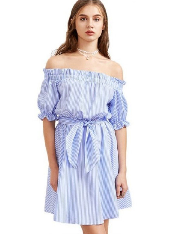 Stripe Off-shoulder Tie Half Sleeve Mini Dresses - Power Day Sale