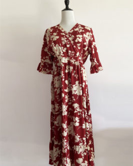 Floral Print Vintage Red Long Half Sleeve V Neck A-line Maxi Dress