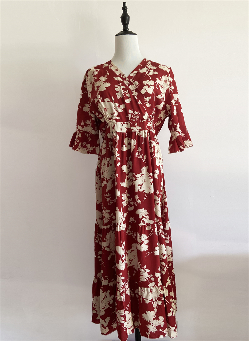 Floral Print Vintage Red Long Half Sleeve V Neck A-line Maxi Dress ...