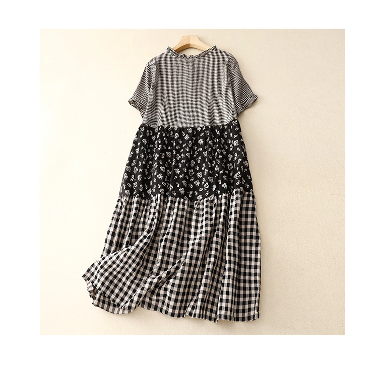 Arts Style Women Short Sleeve Loose Casual O-neck Patchwork Plaid Vintage Dress