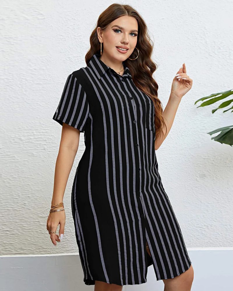 Plus Size Clothing Short Sleeve Stripe Loose Beach Casual Shirt Dresses