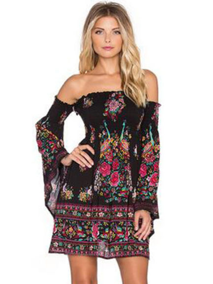 Black Skater Dress Floral Printed Off The Shoulder Bell Long Sleeve ...