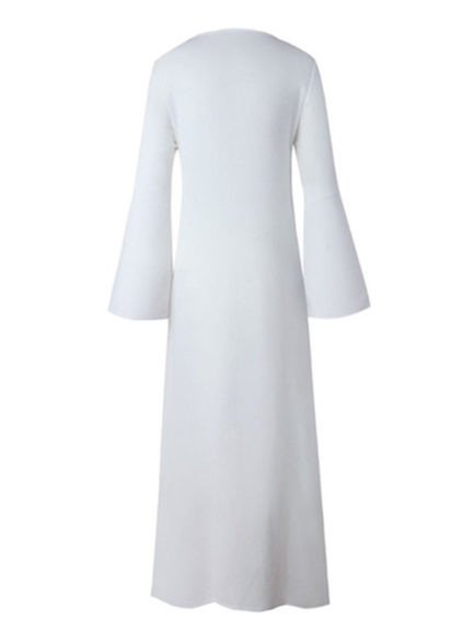 Boho Dress V Neck 3/4 Length Sleeve Embroidered Lace Up Slit Long Dress ...