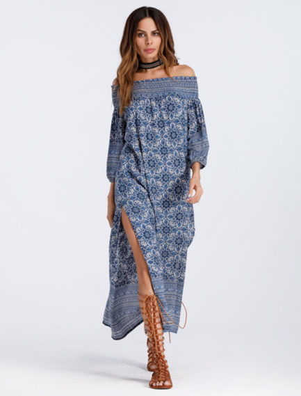 Boho High Slit Three Quarter Sleeve Ethnic Maxi Dresses - Power Day Sale