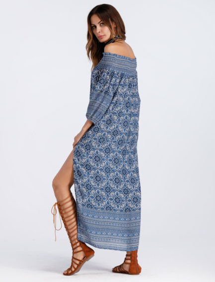 Boho High Slit Three Quarter Sleeve Ethnic Maxi Dresses - Power Day Sale