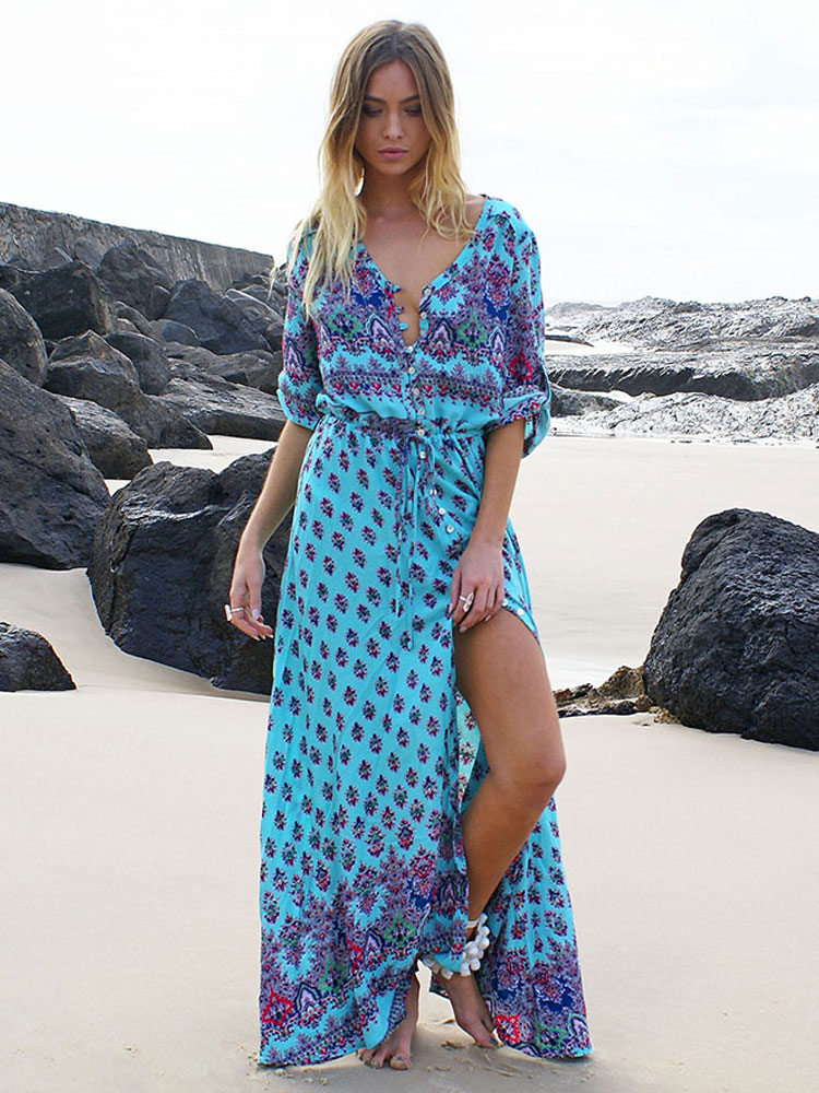 Boho Maxi Dress Print Split Long Sleeve V Neck Summer Dress for Women ...