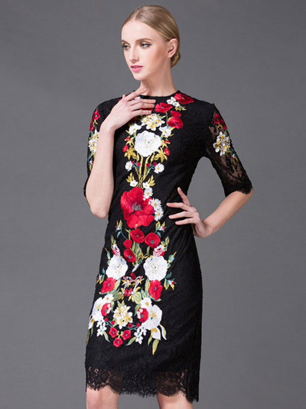 Embroidered Black Lace Party Dress for Women - Power Day Sale