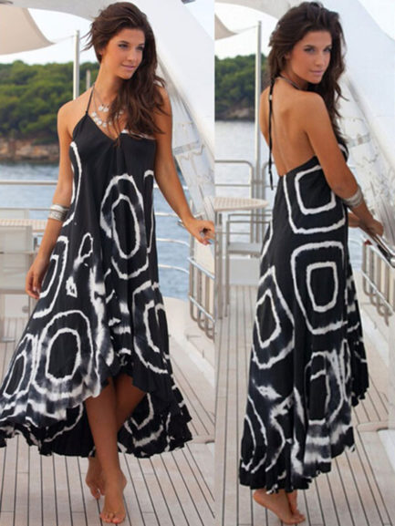 Halter Straps Maxi Dress Backless High-Low Print Cotton Dress - Power ...