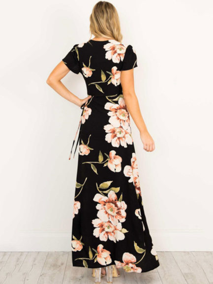 Maxi Dress Black V Neck Short Sleeve Floral Print Boho Long Dresses For