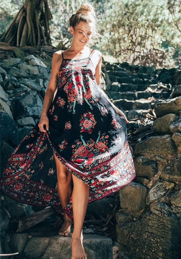 Vintage Chic Fashion Peacock Floral Print Beach Bohemian Strap Boho Dresses