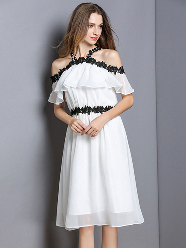 White Skater Dress Chiffon Short Sleeve Lace Summer Dress For Women