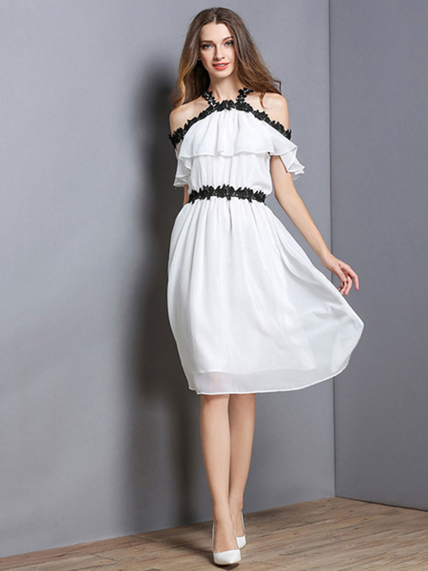 SHEIN White Lace Eyelet Single Breasted V neck Solid Summer Dress Women 2019 Short Sleeve A Line 