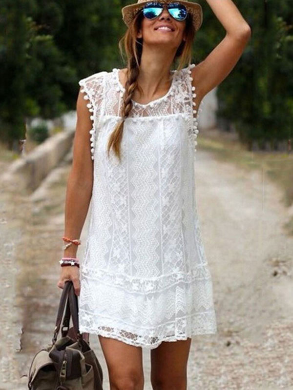 White Summer Dress Lace Sheer Sleeveless Mini Dress For Women - Power ...