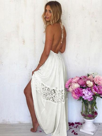 White Summer Dress Split Women’s Backless Maxi Dress - Power Day Sale