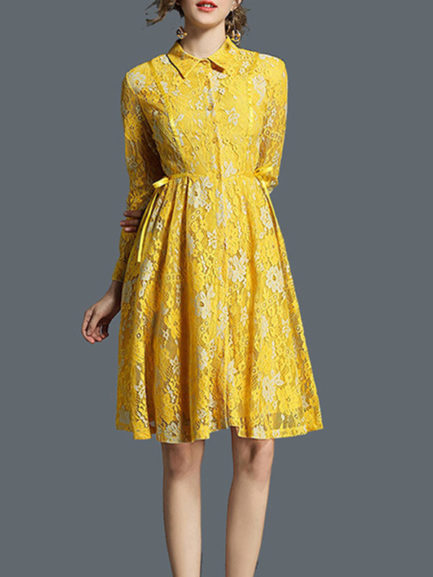Women Lace Dress Turndown Collar Pleated Long Sleeve Yellow Women Dress ...