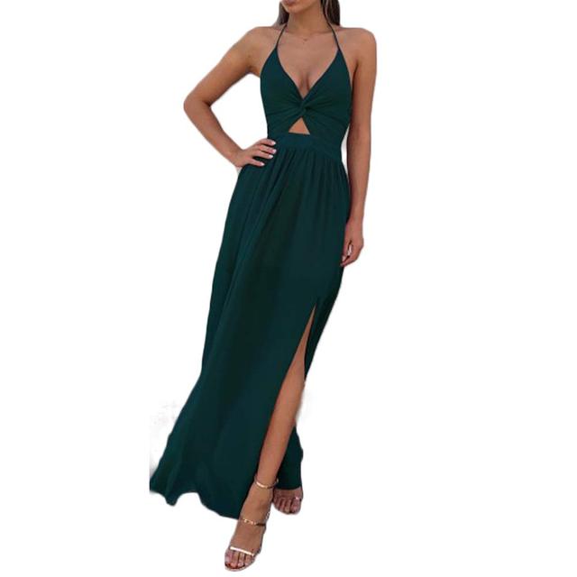 Deep V Neck Floral Split Backless Long Maxi Dresses - Power Day Sale