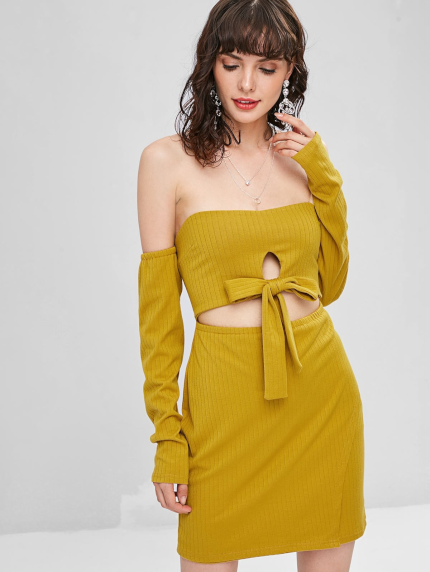 Cut Out Off Shoulder Long Sleeve Dress - Power Day Sale