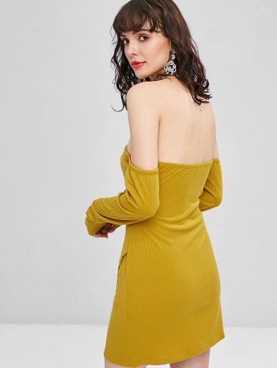 Cut Out Off Shoulder Long Sleeve Dress - Power Day Sale