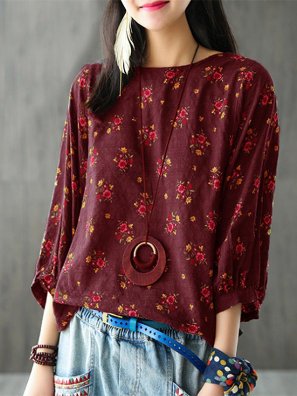 Floral 3/4 Sleeve Crew Neck Blouse - Power Day Sale