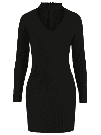Ribbed Long Sleeve Bodycon Choker Dress - Power Day Sale