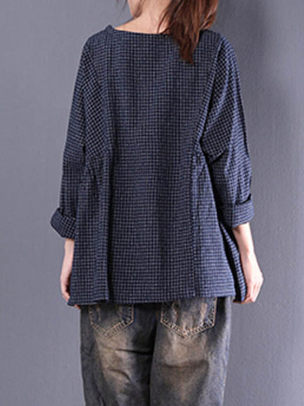 Vintage Long Sleeve Crewneck Check Loose Baggy Blouse - Power Day Sale