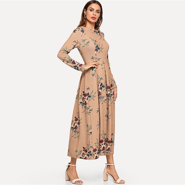 Flower Print Fit and Flare Round Neck Long Sleeve Dress - Power Day Sale