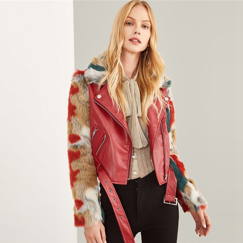 Burgundy Zip Front Belted Soft Faux Fur Contrast Jacket - TD Mercado