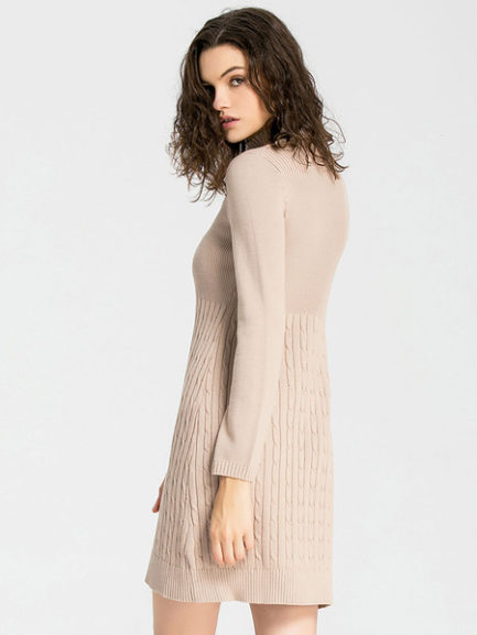 Apricot Sweater Dress Long Sleeve Knee Length High Collar Cable Knit ...