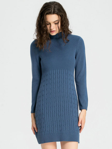 Apricot Sweater Dress Long Sleeve Knee Length High Collar Cable Knit ...