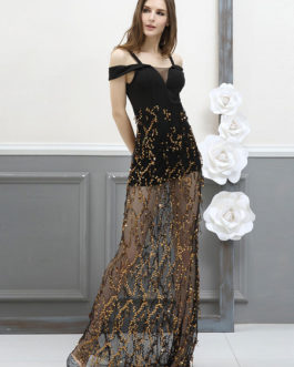 Black Party Dress Sequins Tulle Straps Semi Sheer Sexy Evening Dress
