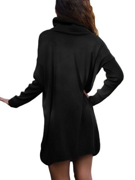 Black Sweater Dress High Collar Long Sleeve Knit Mini Dress - Power Day ...