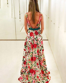 Floral Party Dress Maxi Formal Dress Backless Sleeveless Illusion Neckline Women Long Dress