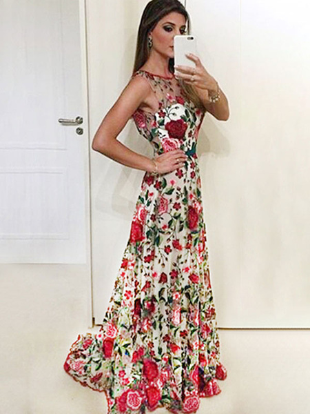 Floral Party Dress Maxi Formal Dress Backless Sleeveless Illusion ...