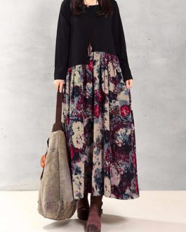Floral Printed Patchwork Long Sleeve Maxi Dress