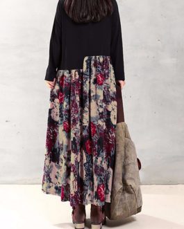 Floral Printed Patchwork Long Sleeve Maxi Dress