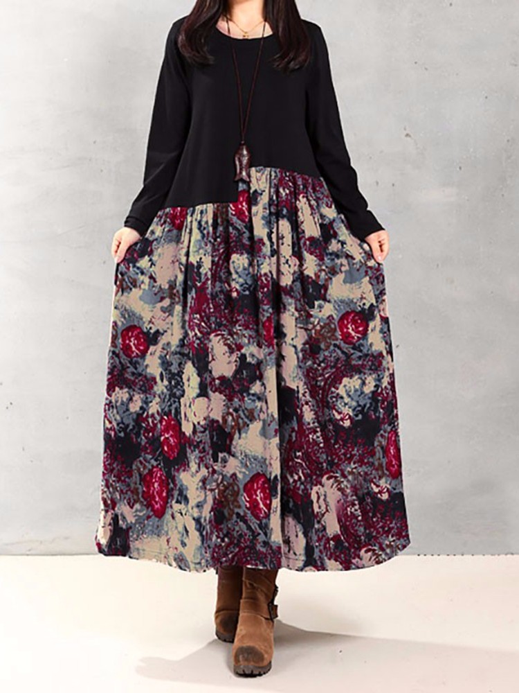 Floral Printed Patchwork Long Sleeve Maxi Dress - TD Mercado