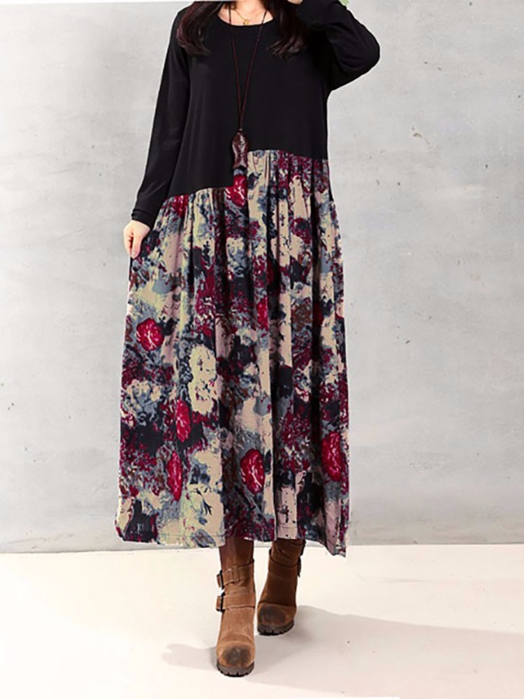 Floral Printed Patchwork Long Sleeve Maxi Dress - TD Mercado