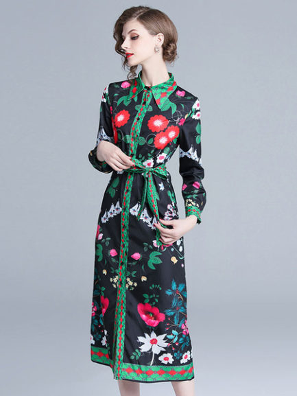 Floral Shirt Dress Long Sleeve Buttons Printed Maxi Dress - Power Day Sale