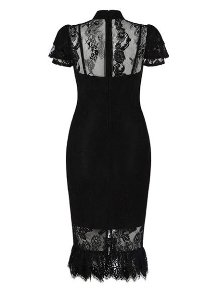 Lace Party Dress High Collar Bodycon Dress Short Sleeve Split Shaping ...
