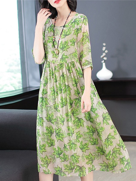 Leaves Printed Pleated Long Dress - Power Day Sale