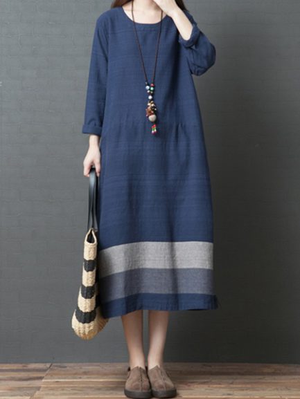 Linen Striped Patchwork Long Sleeve Dress - Power Day Sale