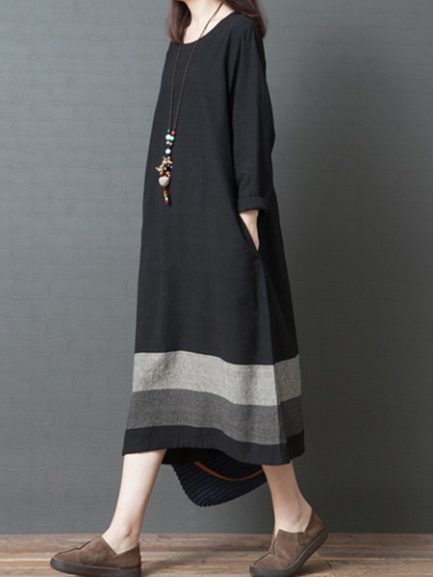 Linen Striped Patchwork Long Sleeve Dress - Power Day Sale