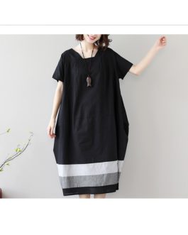 Loose Splicing Striped Cotton Short Sleeve Dress