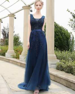 Long Prom Dresses V Neck Backless Lace Beading A Line Tulle Formal Dresses With Train